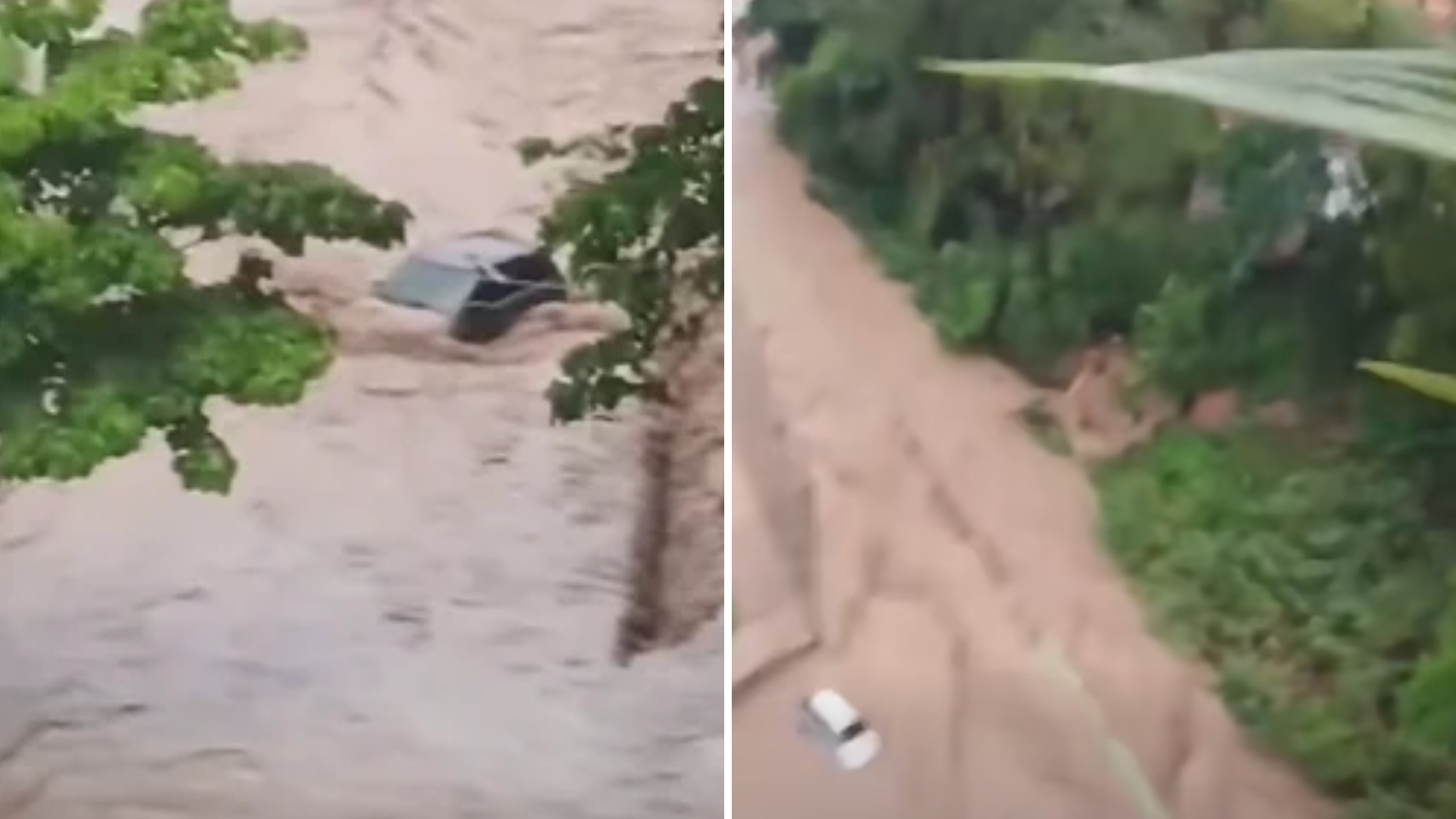 En Montañalta (Miranda, Venezuela), la corriente generada por una quebrada alcanzó tal fuerza que arrastró dos vehículos - Fotos: X