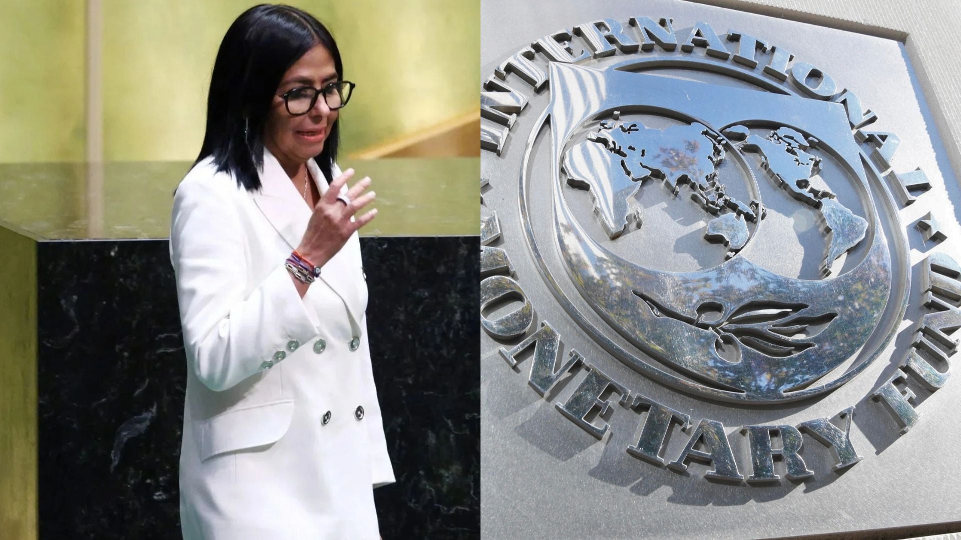 Delcy Rodríguez y logo del FMI - Fotos: EFE