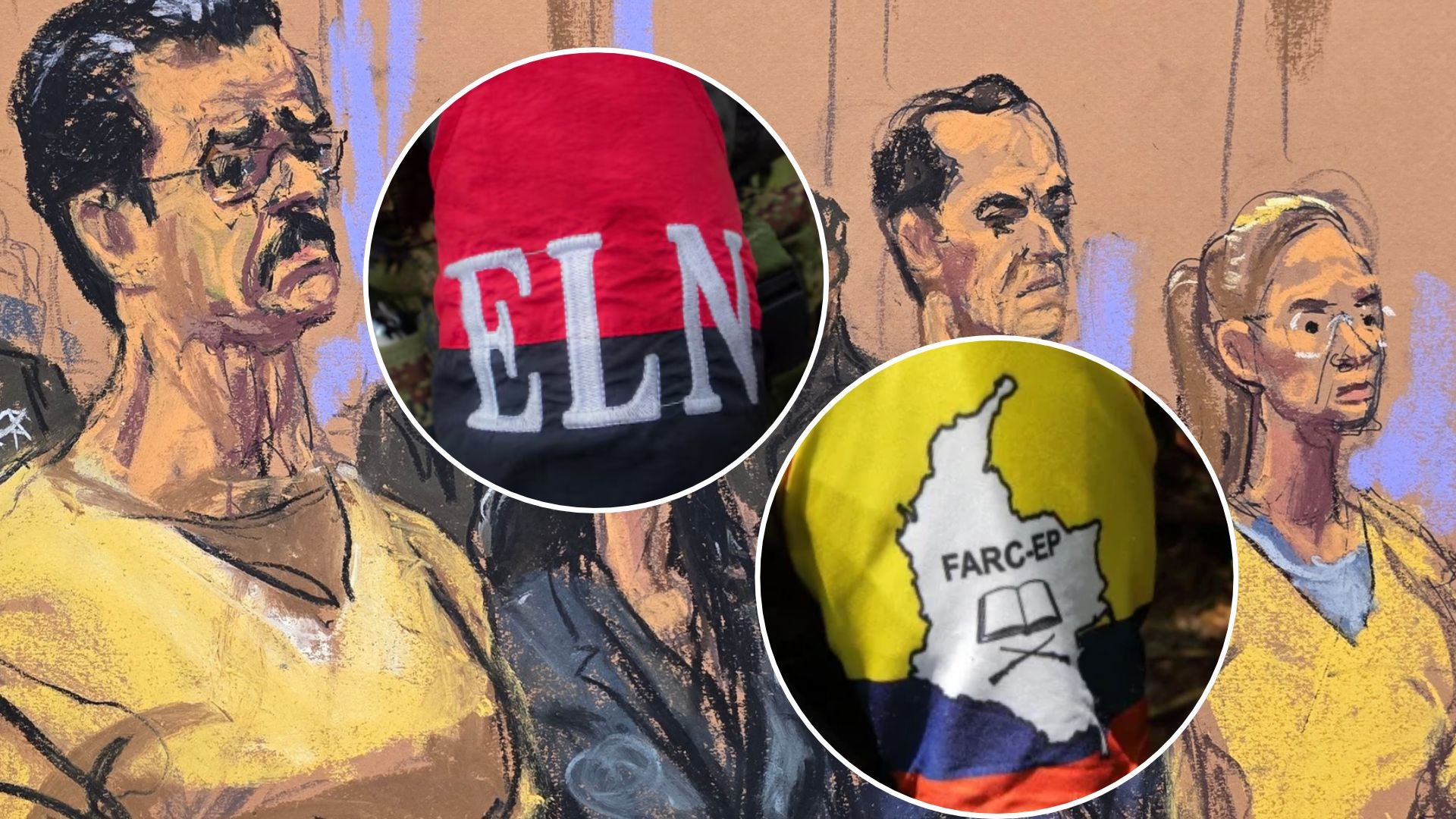 Bocetos de Nicolás Maduro y Cilia Flores / Brazaletes del ELN y las FARC - Fotos: EFE / X