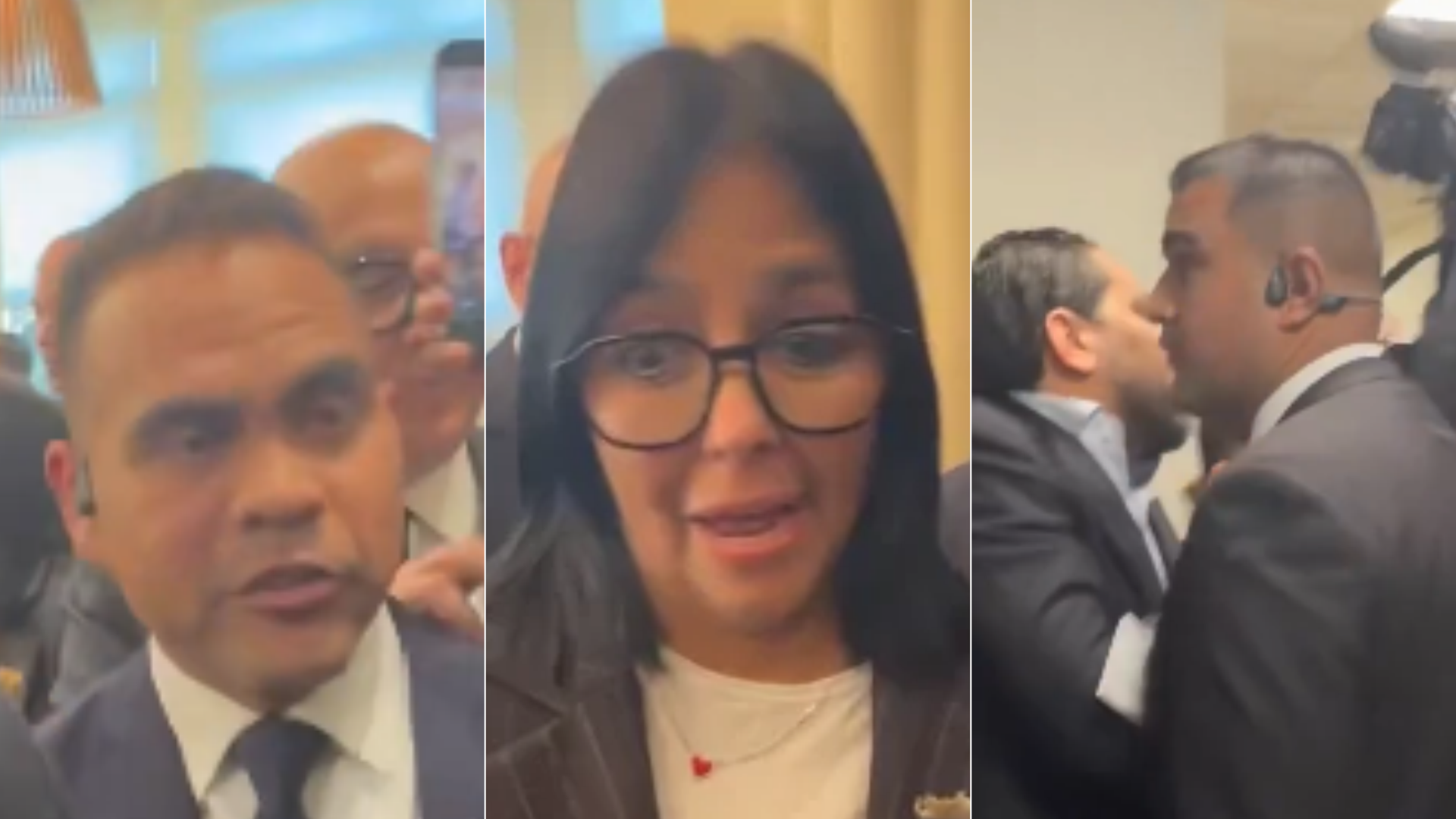 Escoltas, Delcy Rodríguez, jefe encargada del régimen venezolano, y periodistas - Fotos: X