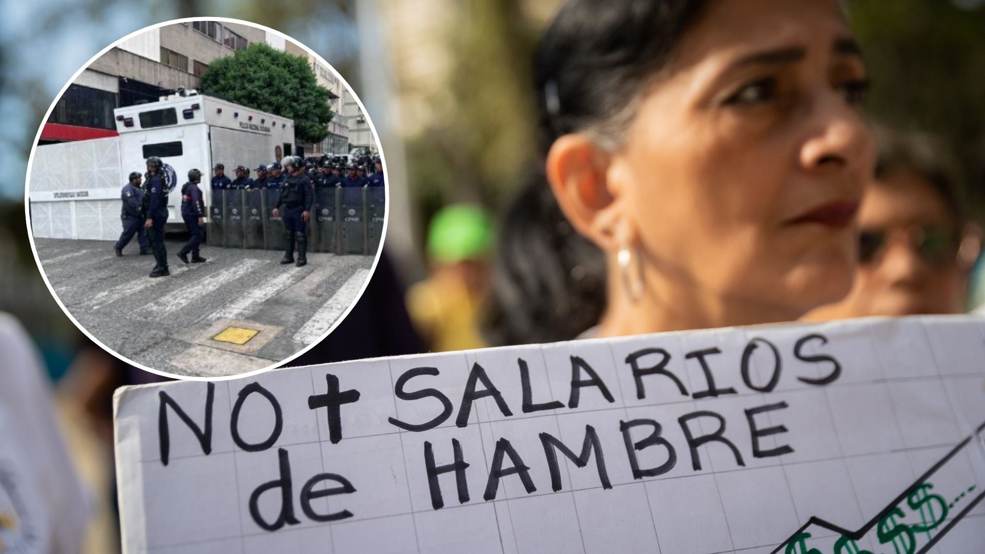 Funcionarios policiales del régimen venezolano / Trabajadores en Venezuela piden salarios dignos - Fotos: X / EFE