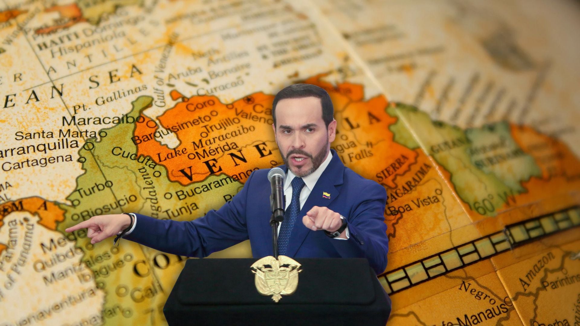 Presidente De la Espriella con un mapa de Colombia y Venezuela de fondo: Foto: EFE/Canva
