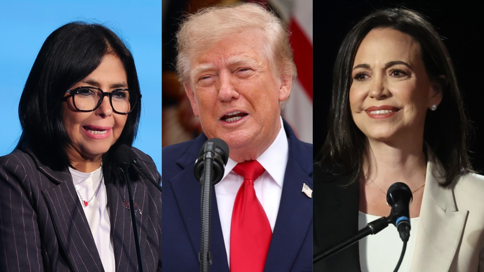 Delcy Rodríguez, jefe encargada del régimen venezolano / Donald Trump, presidente de EE. UU. / María Corina Machado, premio Nobel de Paz - Fotos: EFE