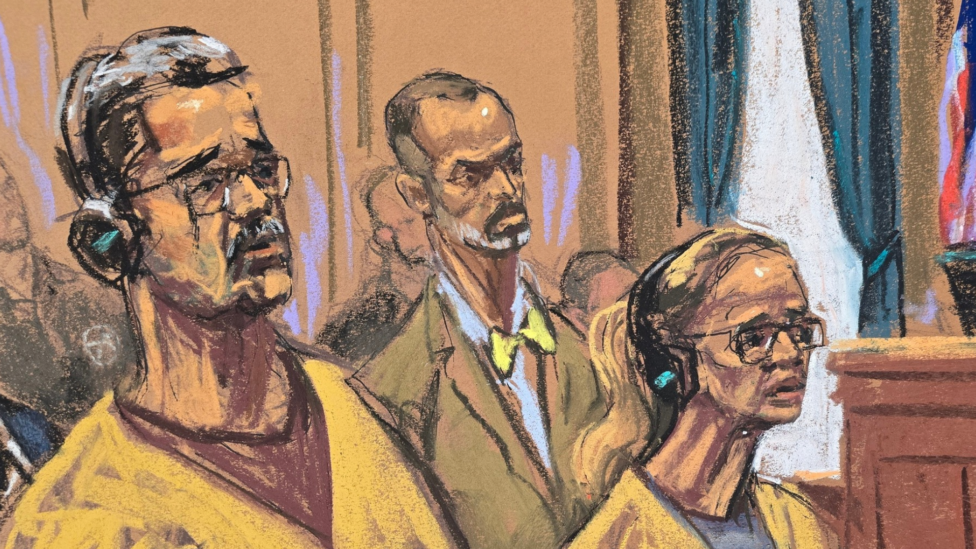 Fotografía de un dibujo realizado por la artista Jane Rosenberg que muestra al dictador venezolano Nicolás Maduro y su esposa, Cilia Flores, escuchando al juez federal Alvin Hellerstein. - EFE