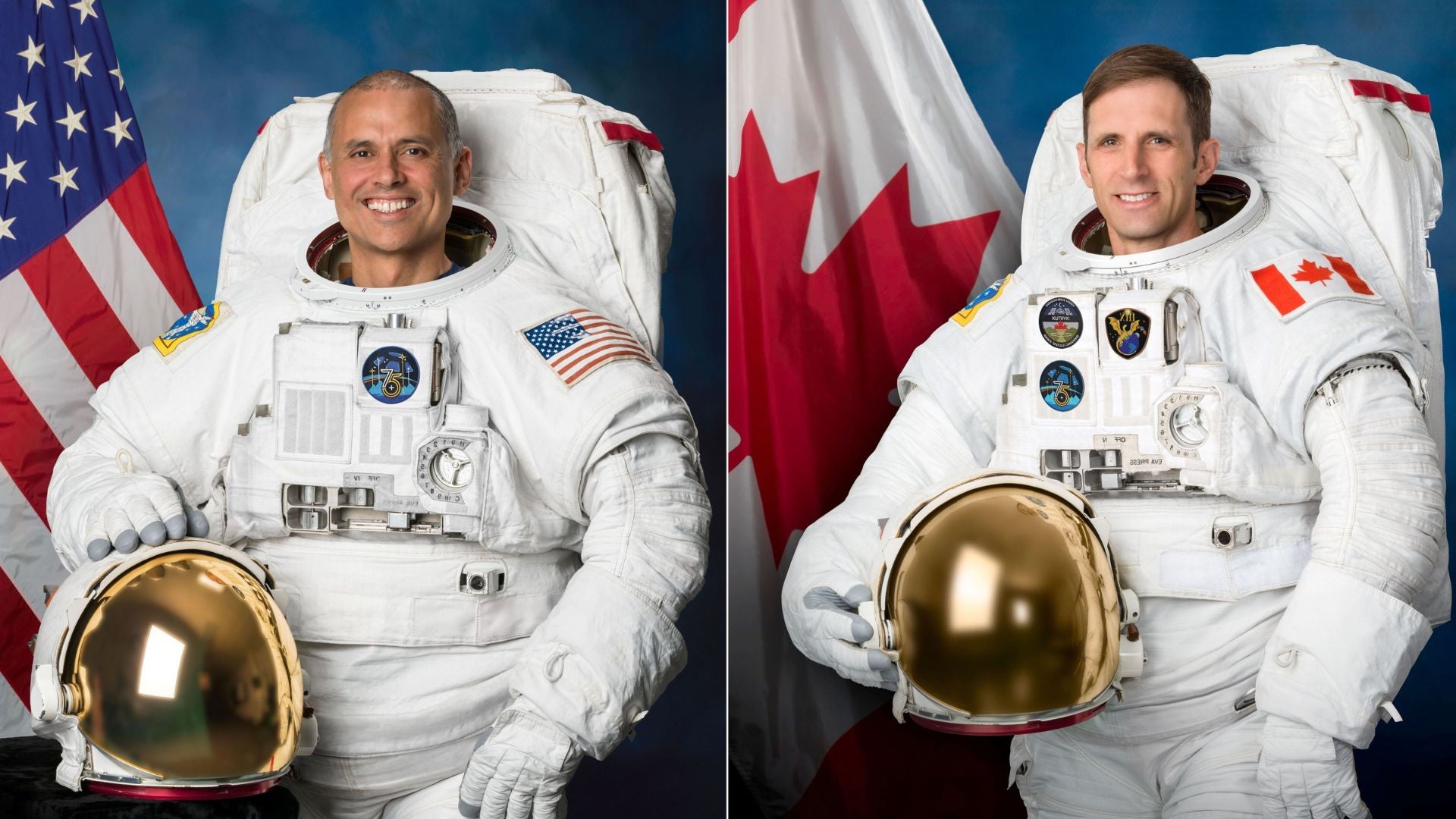 los astronautas Anil Menon, de la NASA y Josha Kutryk de la Agencia Espacial Canadiense-Foto EFE