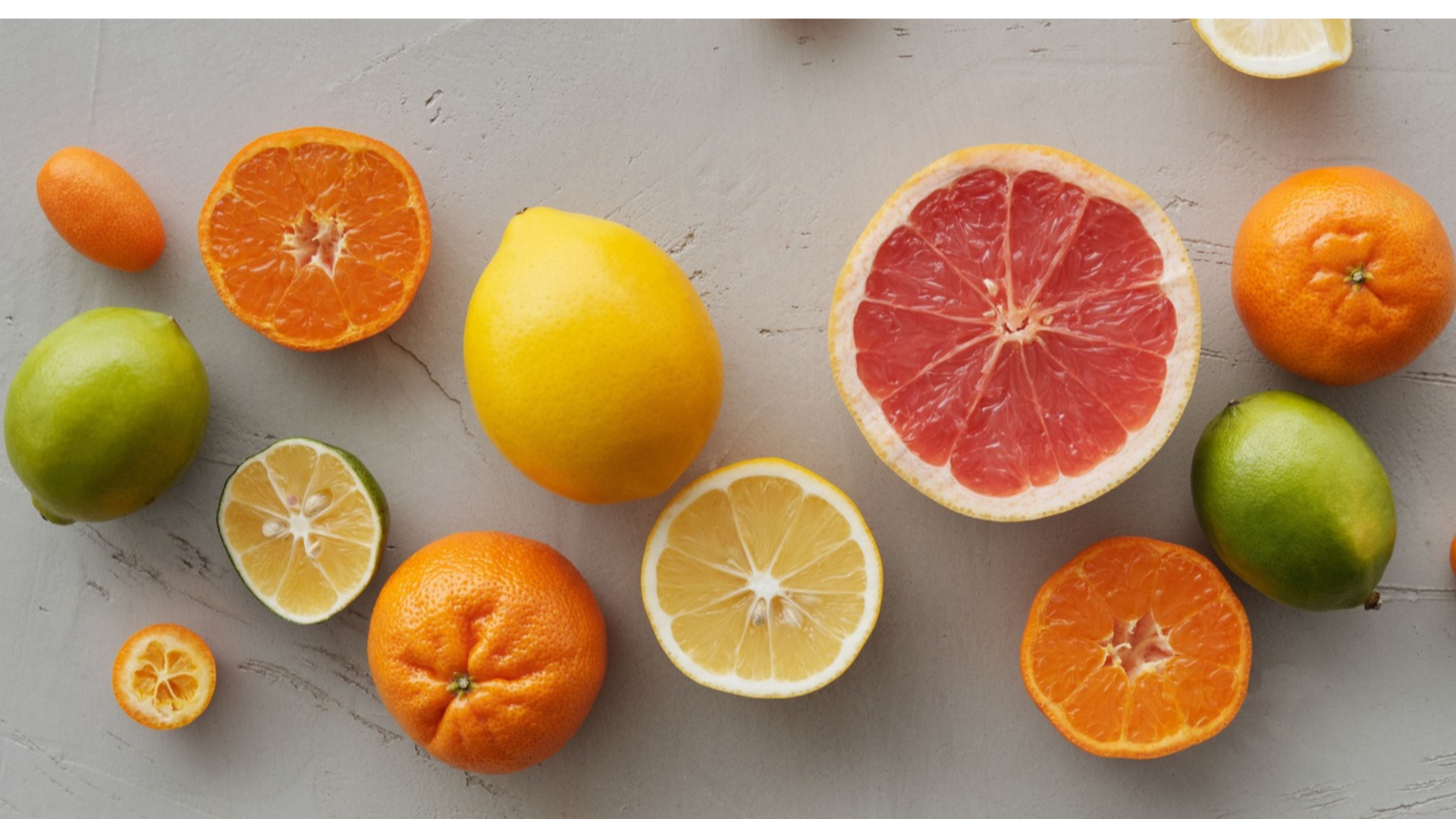 Vista aérea de rodajas de frutas cítricas variadas - Foto de referencia: Pexels
