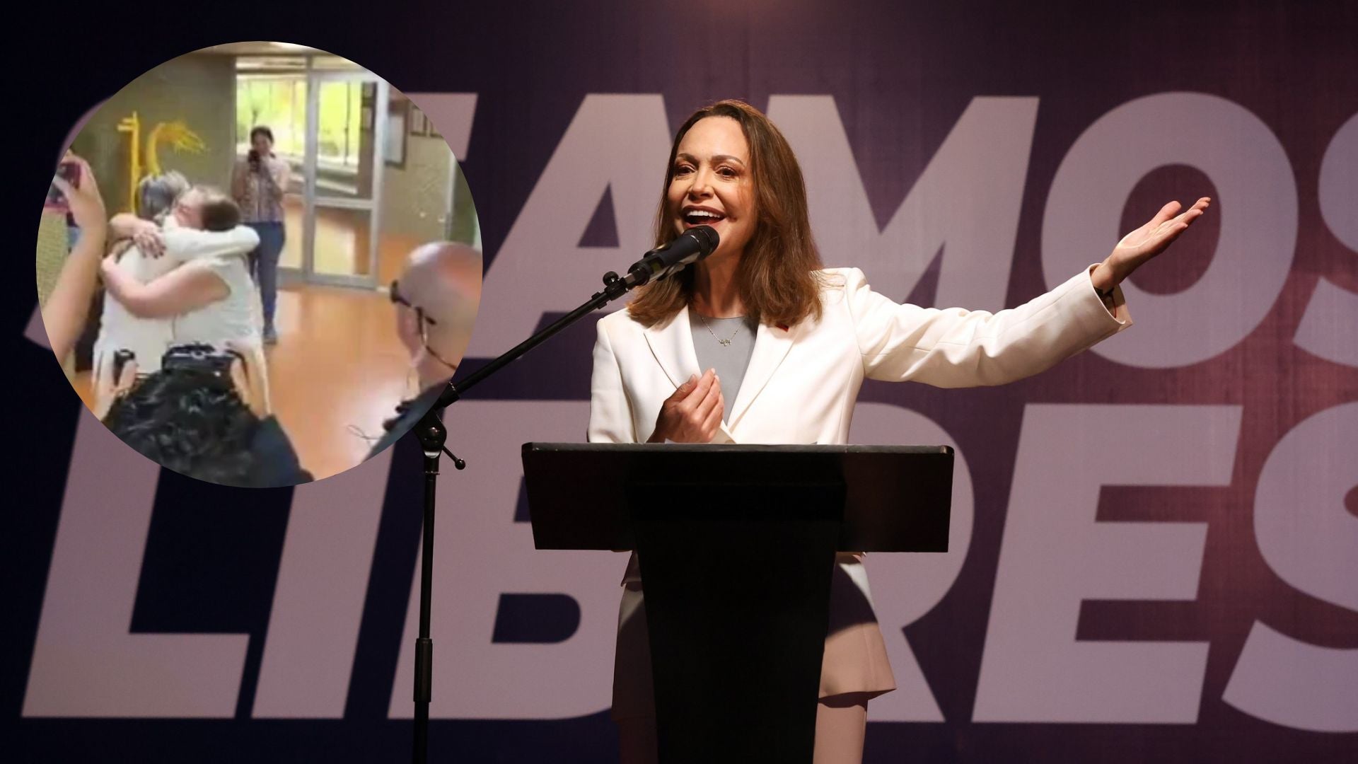 Abrazo entre María Corina Machado y Corina Yoris - EFE y captura de pantalla de redes sociales