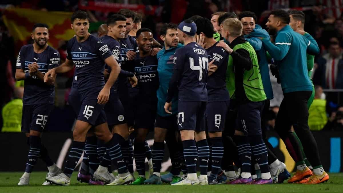 Manchester City celebra haber eliminado al Atlético de Madrid en la Champions League. Foto: AFP