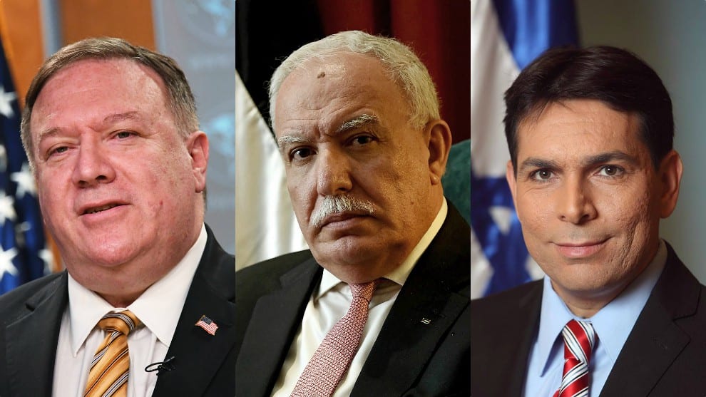 Jefes diplomáticos: Mike Pompeo (EEUU); Riad al Malki (Palestina); embajador de Israel ante la ONU, Danny Danon.